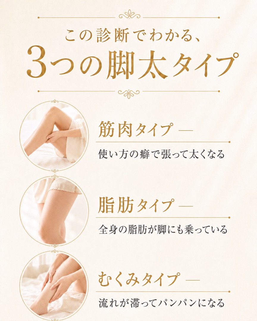この診断でわかる3つの脚太タイプ。筋肉タイプ：使い方の癖で張って太くなる／脂肪タイプ：全身の脂肪が脚にも乗っている／むくみタイプ：流れが滞ってパンパンになる