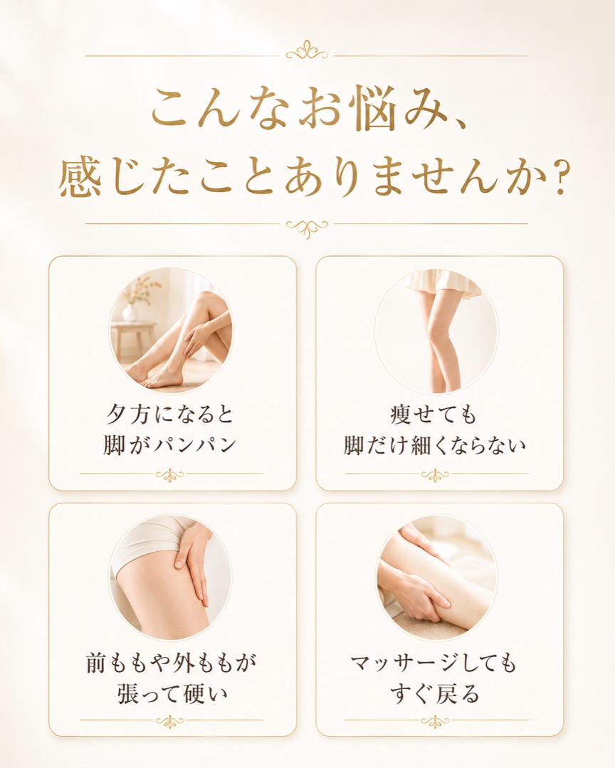 こんなお悩み、感じたことありませんか？夕方になると脚がパンパン／痩せても脚だけ細くならない／前ももや外ももが張って硬い／マッサージしてもすぐ戻る